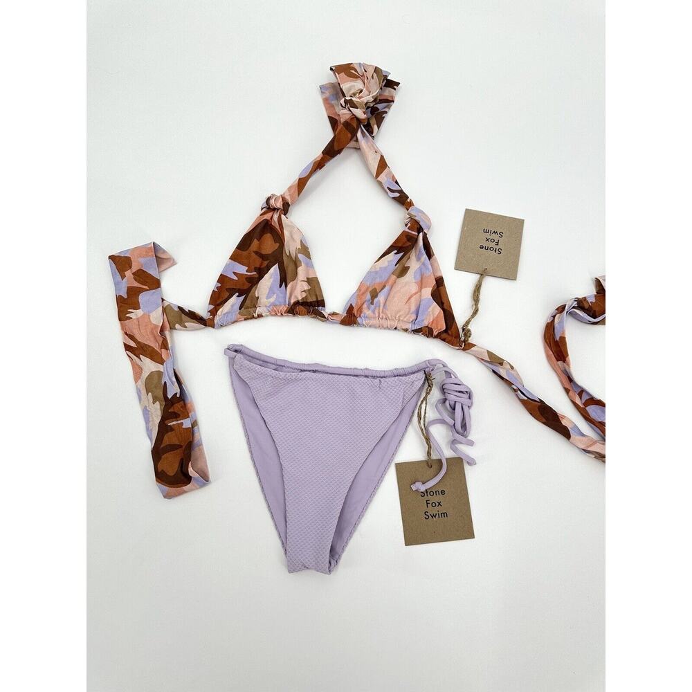 Stone Fox Swimwear Tropical Triangle Halter Tie Bikini Top & Bottom Size Large